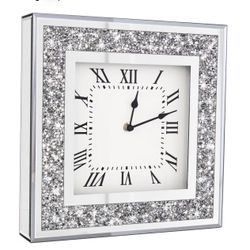 Crystal Crush Diamond Mirrored Square Wall Clock with Sparkle Twinkle Bling Diamond Decor for Wall Decoration, 12x12inch Decorative Silver Mirror Quar