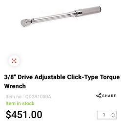 Snap on 3/8" Drive Adjustable Click-Type Torque Wrench