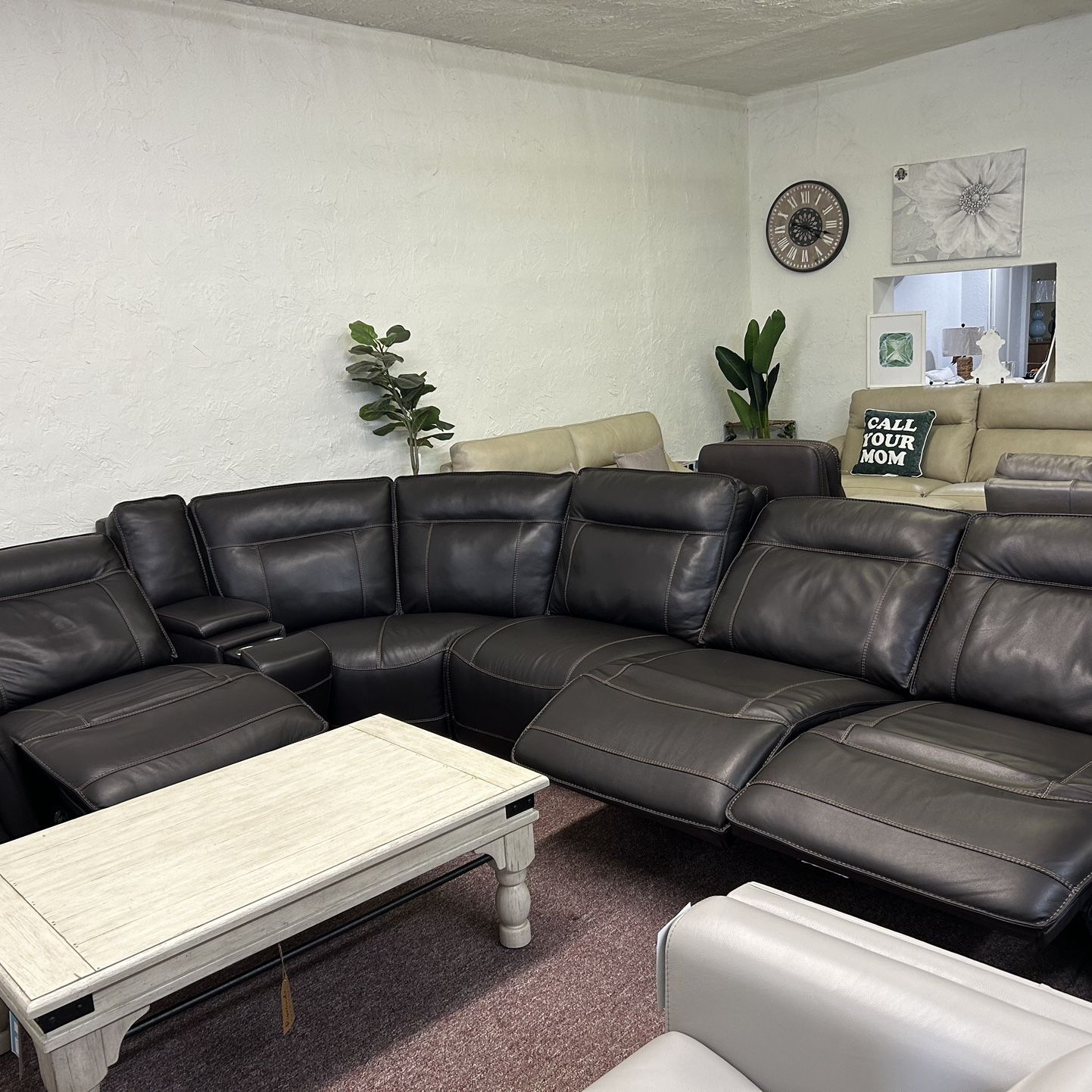 100% Real Leather 6 Pc  Sectional With 3 Power Recliners- Lenardo