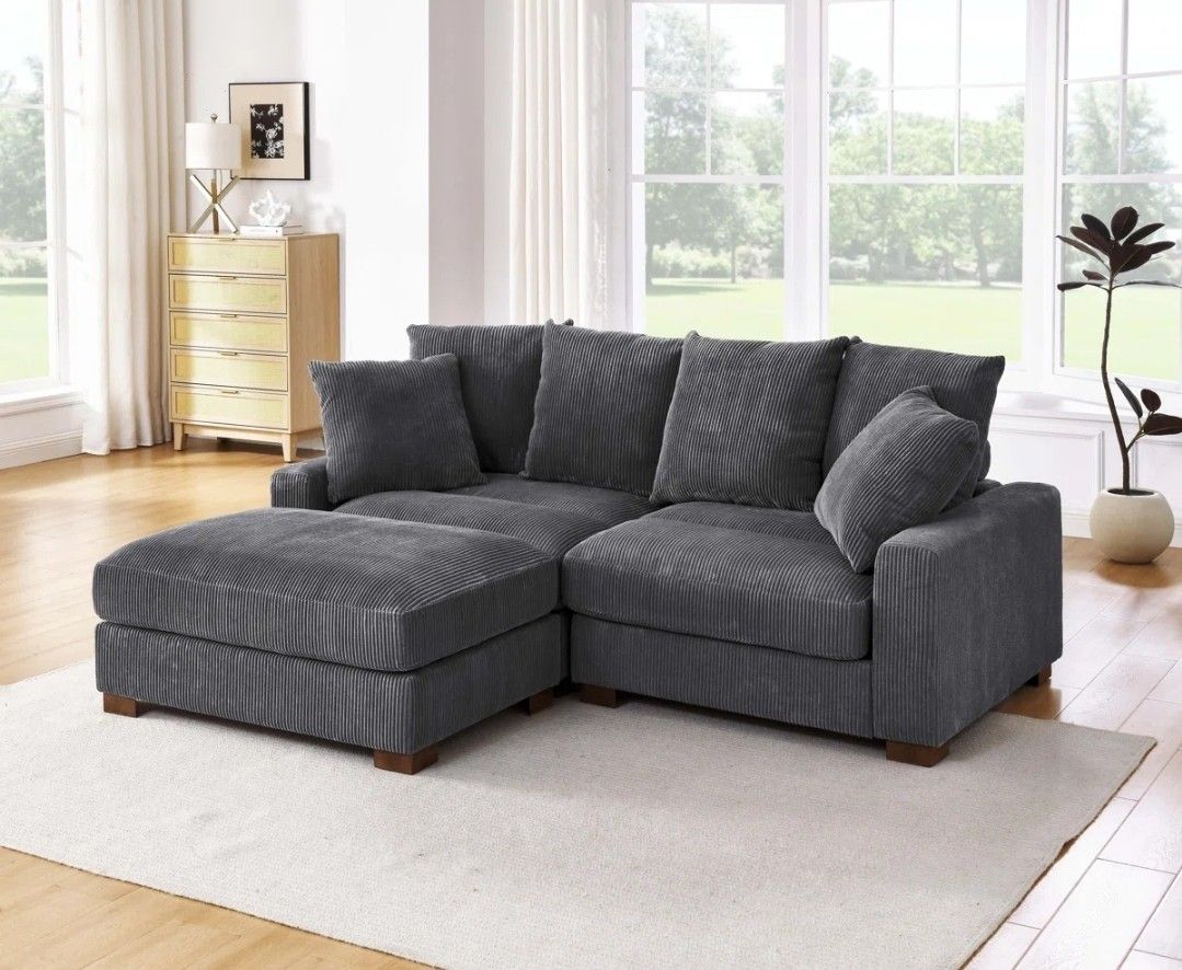 New Gray Corduroy Sofa Couch With Ottoman