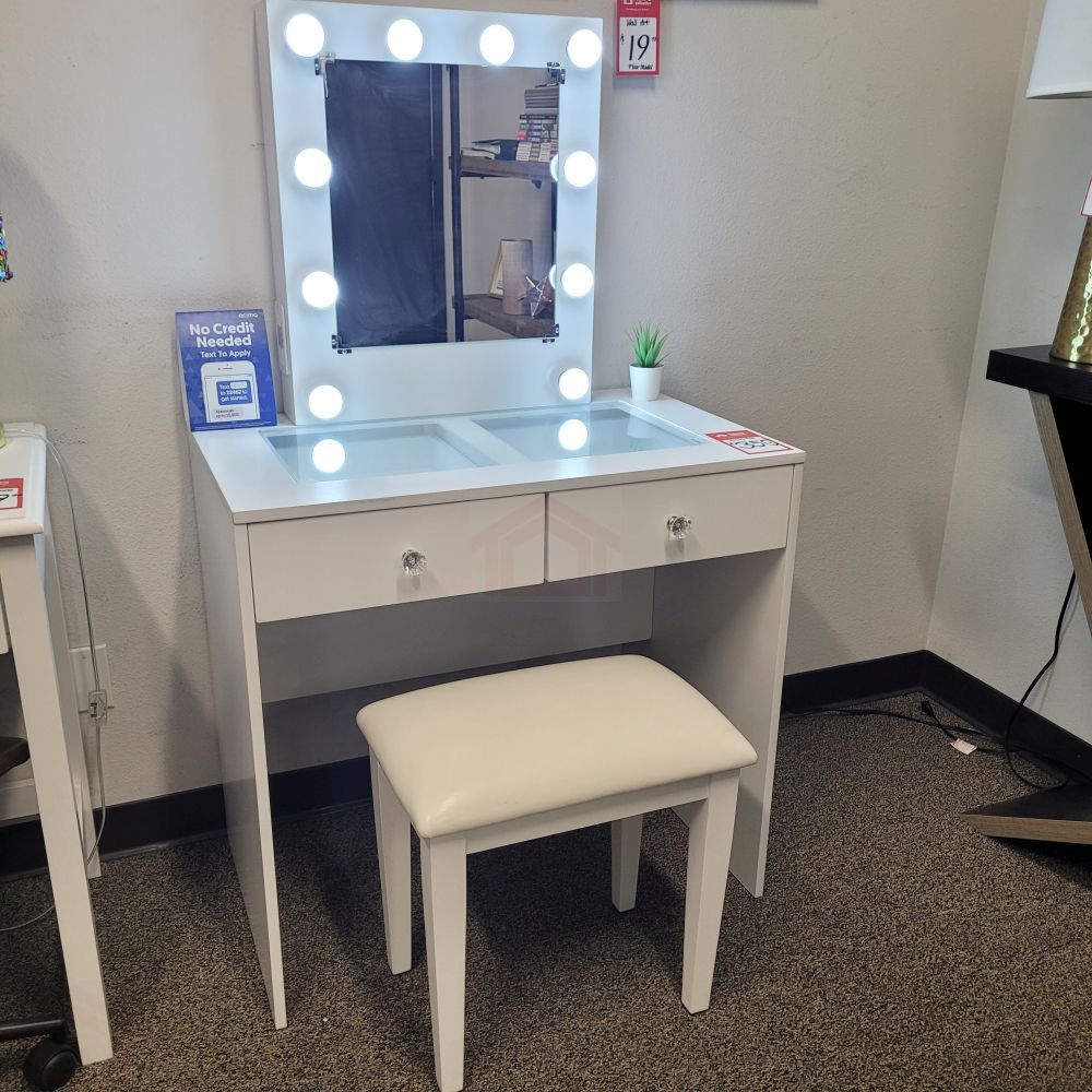 NEW WHITE MAKEUP VANITY WITH 10 LIGHTS AND USB AND POWER OUTLET AND STOOL || SKU#HM7878WH