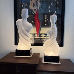 Vintage Monumental 80s set of 2 White Acrylic Men's and Women's Torso Lamps with Black and Transparent Lucite Base