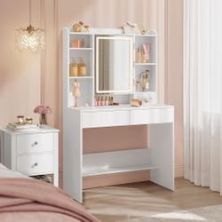 M42-90 $95  Vanity Desk with Power Outlets, Makeup Vanity with Mirror and Lights, LED Lights, 6 Compartments, 2 Drawers, for Bedroom, Cloud White   Co