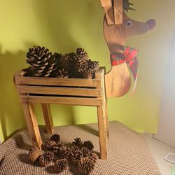 Vintage Hand Made Wood Reindeer Crate Box With Pinecones-$35.00