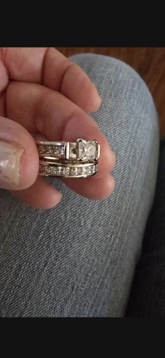 SILVER WOMEN'S WEDDING ENGAGEMENT 2 PC RING SET