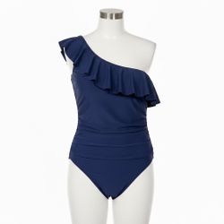Hilor Navy Blue One-Shoulder Ruffle One-Piece Swimsuit