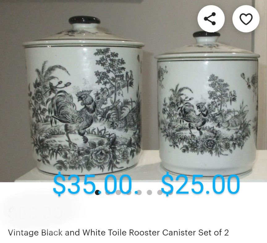 Vintage Black And White Toile Rooster Canister Set Of 2