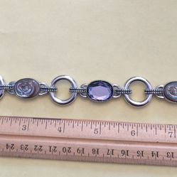 Lia Sophia Silver Tone Link Bracelet Purple Rhinestone And Abalone Accents 