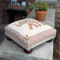 Vintage Boho Tapestry Elephant Step Stool With Studs & Wood Feet