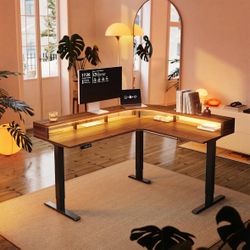 BRAND NEW! L Shaped Electric Standing Desk with LED Strip & Power Outlets, 63" x 55" 