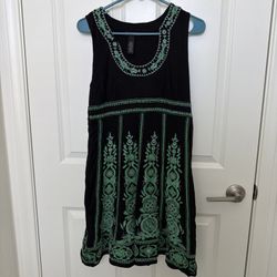 INC Sleeveless  Tank Jersey Sun Dress w/Emerald Green Embroidery