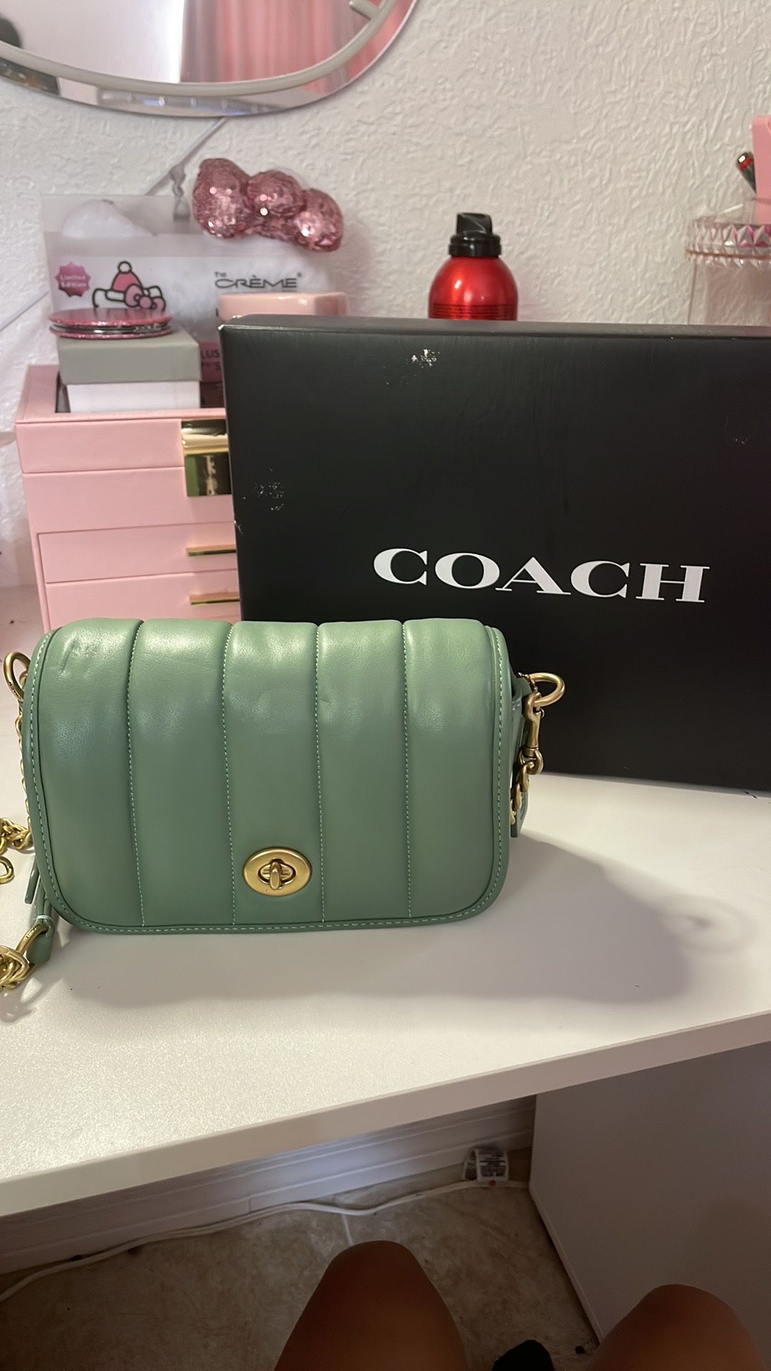 COACH Dinky 18 With Quilting Shoulder Flap Bag In Washed Green Leather