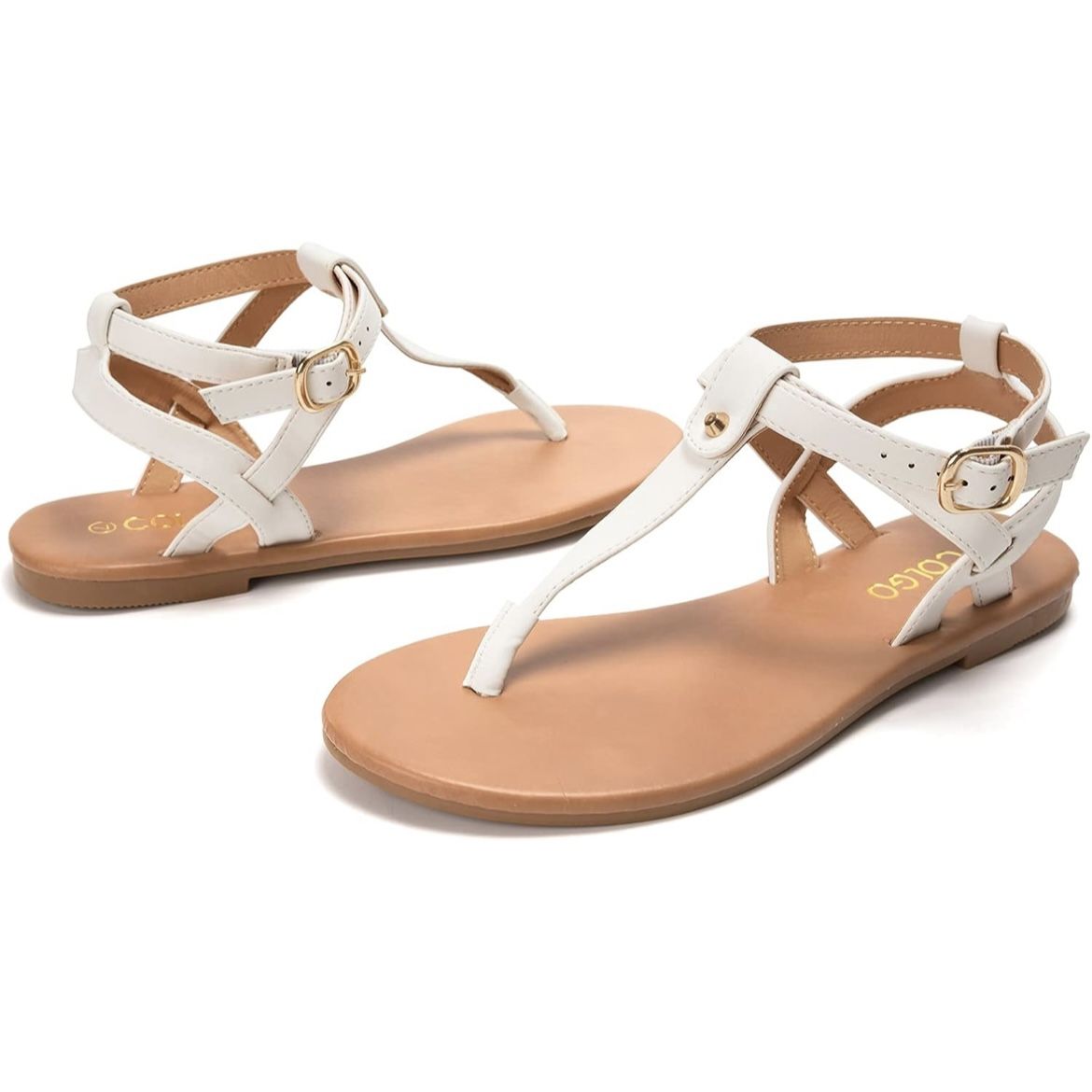 COLGO White Thong Flat Sandals T Strap Size 7.5