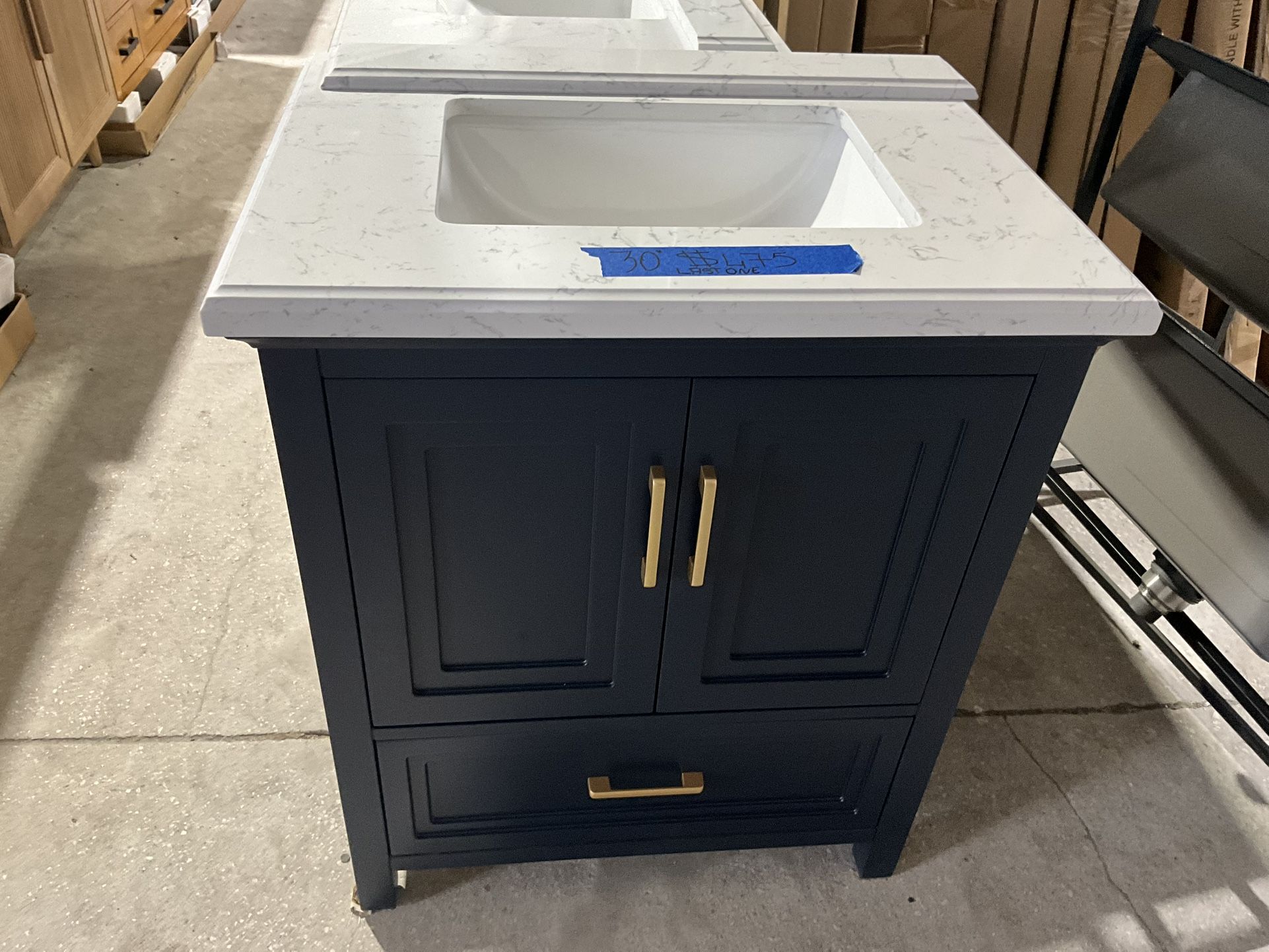 30” Bathroom Vanity in blue , single sink soft close solid wood with vanity top in white $475 Luke’s liquidations warehouse Address: 2434 N Forsyth