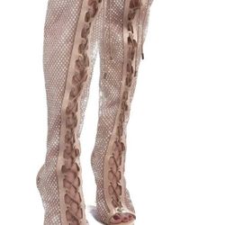 Rhinestone Thigh High Boots Nude