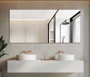 Mirrorons 60 x 28 Frameless Bathroom Mirror, Rounded Corner Bathroom Vanity Mirror, Modern Wall Mounted Vanity Mirror for Living Room, Bedroom, Bathro
