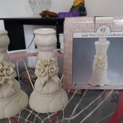 Vintage Jade Porcelain Candlestick Holders 