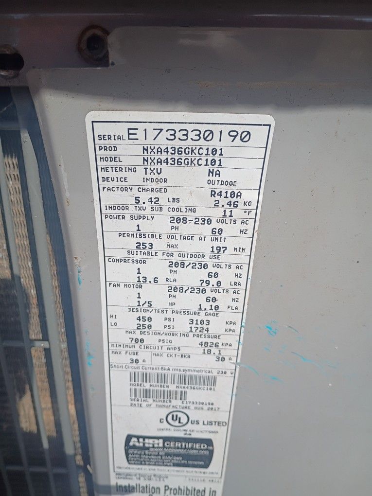 Used 3 Ton Condenser R410a Freon NOT A HEAT PUMP CONDENSER ONLY