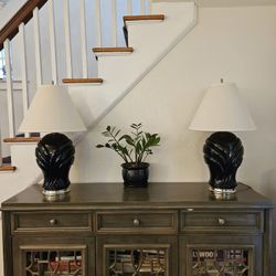 Pair Of Retro Art Deco Style Glossy Black Ceramic Table Lamps