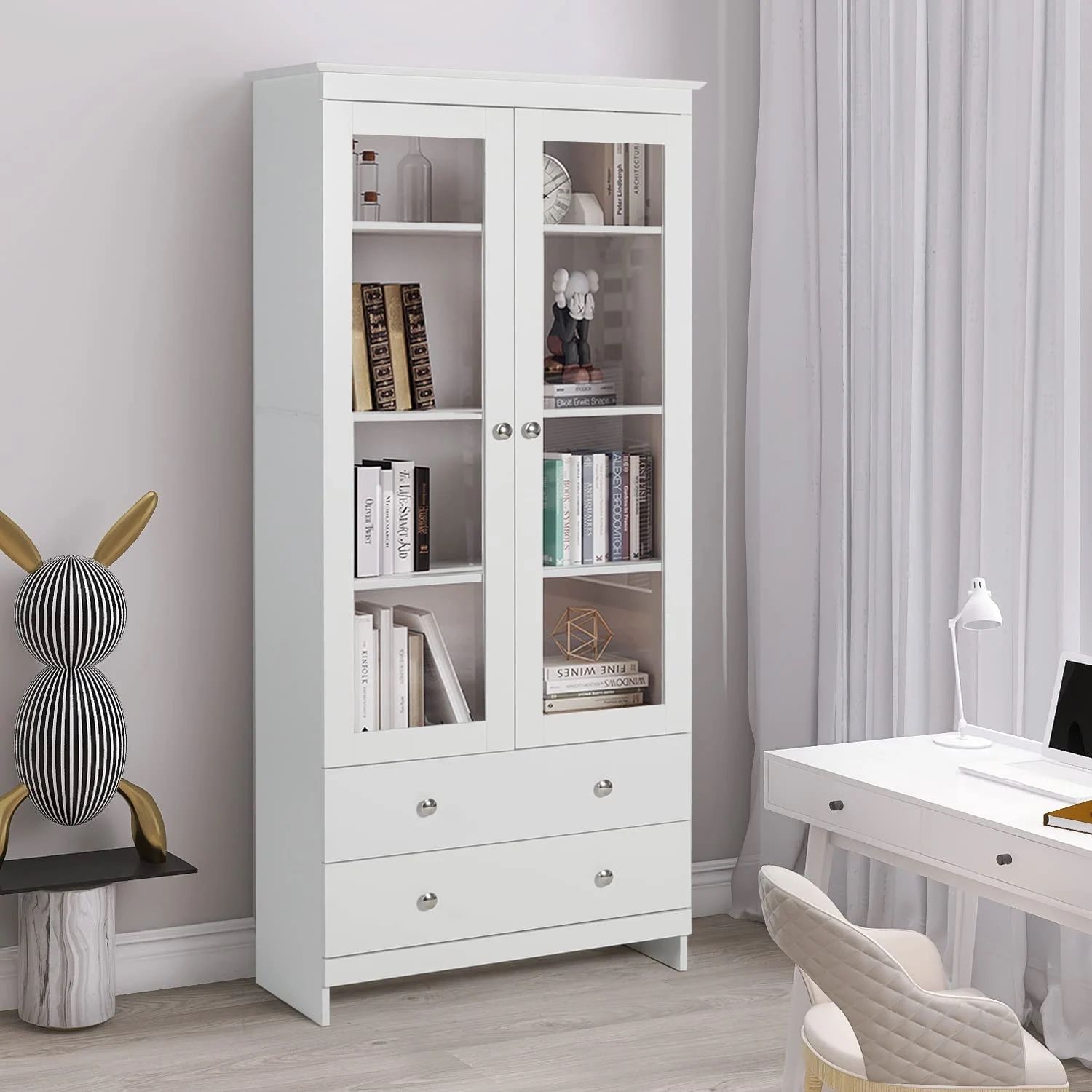 White Bookcase with Glass Doors 4-Tier Tall Bookshelf with Cabinet and Drawers Wood Curio Storage Cabinets Wide 4 Cube Storage Organizer for Living Ro