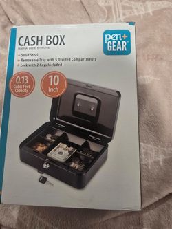 New Pen + Gear 10 inch Metal Cash Box with Money Tray and Key Lock, Black, ( reseda ca)