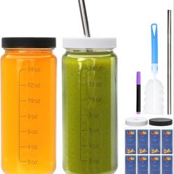 16oz Juice Bottles,Clear Glass Bottles with Lids and Straws,Reusable Juicing Containers with Labels,Clear Drinking Jars for Juice,Smoothies,Tea,Iced C
