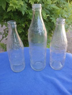 3 ANTIQUE DR PEPPER POP BOTTLES,  GLASS