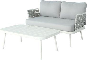 Loveseat and Table, Outdoor Steel Furniture for Patio Garden, Off White and Gray