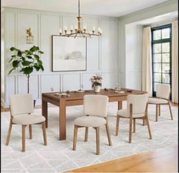 Set Of 4 LUE BONA Linen Farmhouse Dining Chairs , Natural Wood Leg