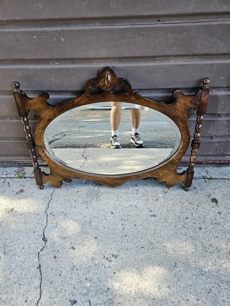 Antique English Walnut Wall Mirror With Beveled Glass! Circa 1920's !