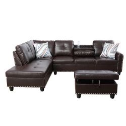 Brown Synthetic Leather 3-Piece Sofa Set