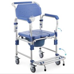 3-in-1 Bedside Commode Wheelchair – Drop Arms, Shower Chair, 330lb Capacity