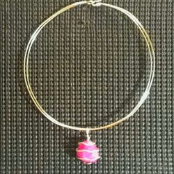 Double Banded Silver Choker With Pink Floating Pendant 
