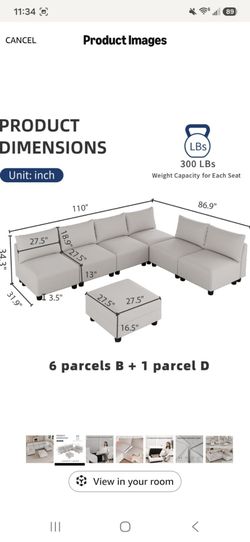 Modular Linen Sectional Sofa with Ottoman,coffee table, end table and 1 accent wingback chair