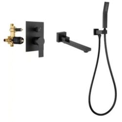 FLG Single-Handle Wall Mount Roman Tub Faucet with Hand Shower Modern Bath Tub Filler in Matte Black