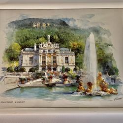Original Watercolor konigsschloss Linderhof Nitschke artist
