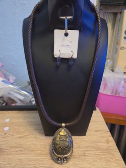 Owl Pendant Braided Necklace and Earring Set