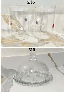 Small glass cake stand & canisters