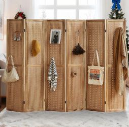 6 Panel Pegboard Room Divider 5.6Ft Wooden Pegboard Display Stand, Folding Privacy Screen, Wall Divider for Bedroom, Portable Display Board Organizer