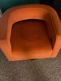 Two Orange Velvet Barrel Swivel Accent Chair