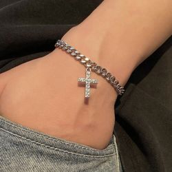 1pc Fashionable Zinc Alloy Rhinestone Cross Charm Bracelet For Men Women For Daily Decoration