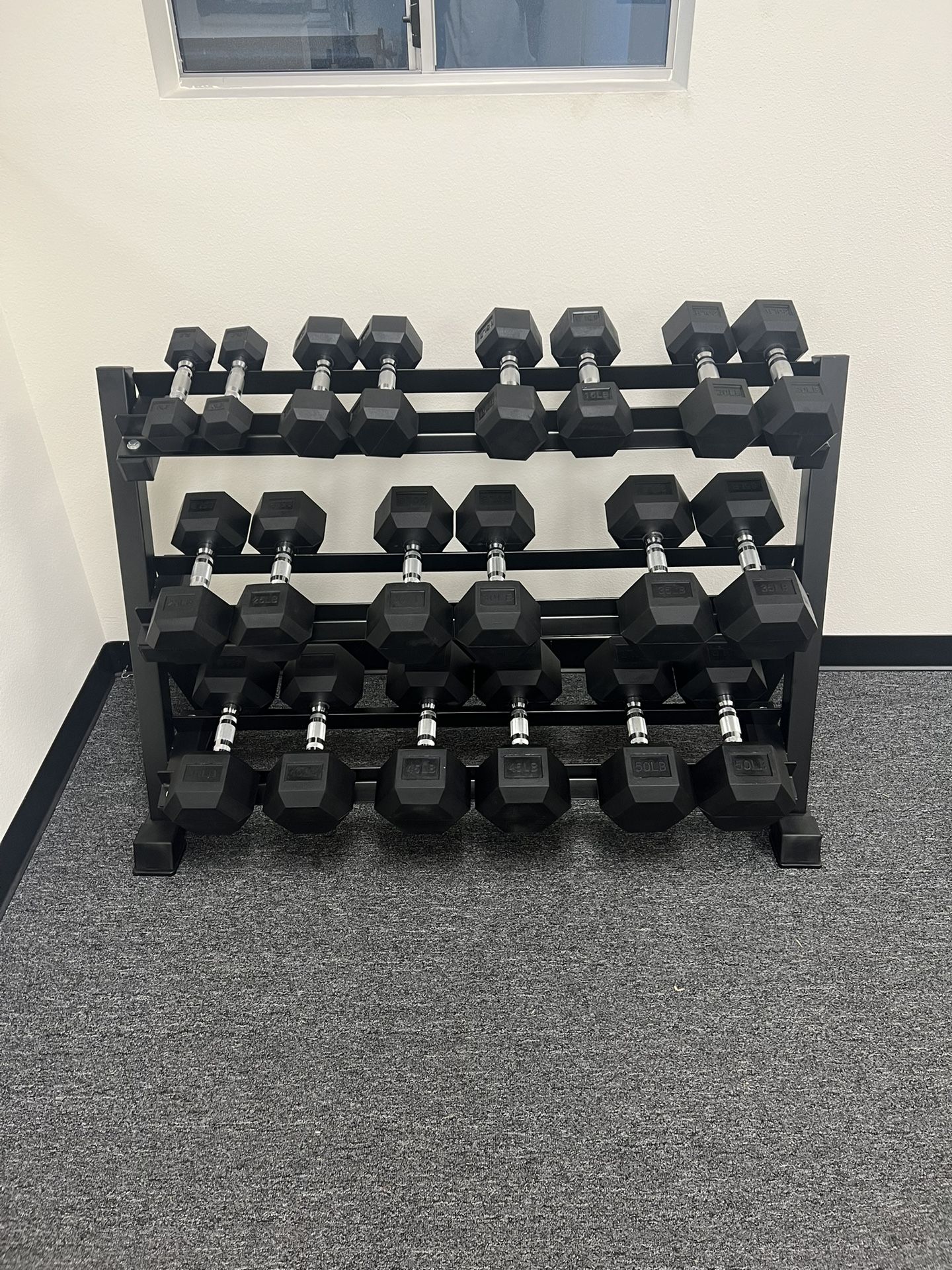 (New In Box) 5-50lb Rubber Hex Dumbbells With 3 Tier Dumbbell Rack Weights - Click On Out Profile For More Gym Equipment