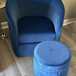 Navy Comfy Velvet Swivel Barrel Chair with Metal Base And 1 Matching Ottoman