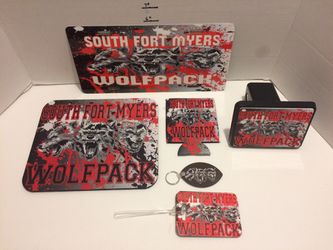 South Fort Myers HS Wolfpack lot of 6 items keychain, luggage tag, can koozie, license plate, Mouse pad, trailer hitch cover