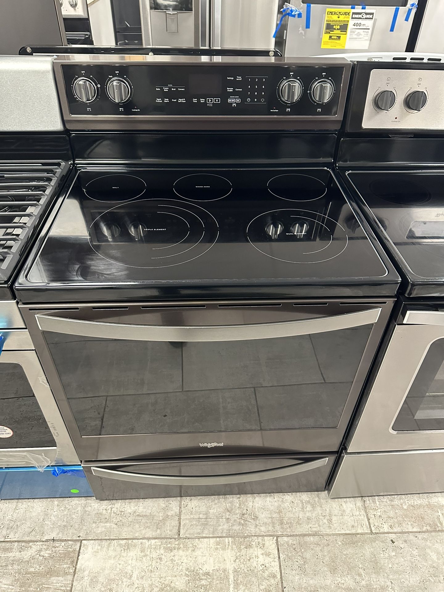 Whirlpool 30 Inch 6.4 Cu.ft Electric Range Black Stainless With Frozen Bake Five Burners
