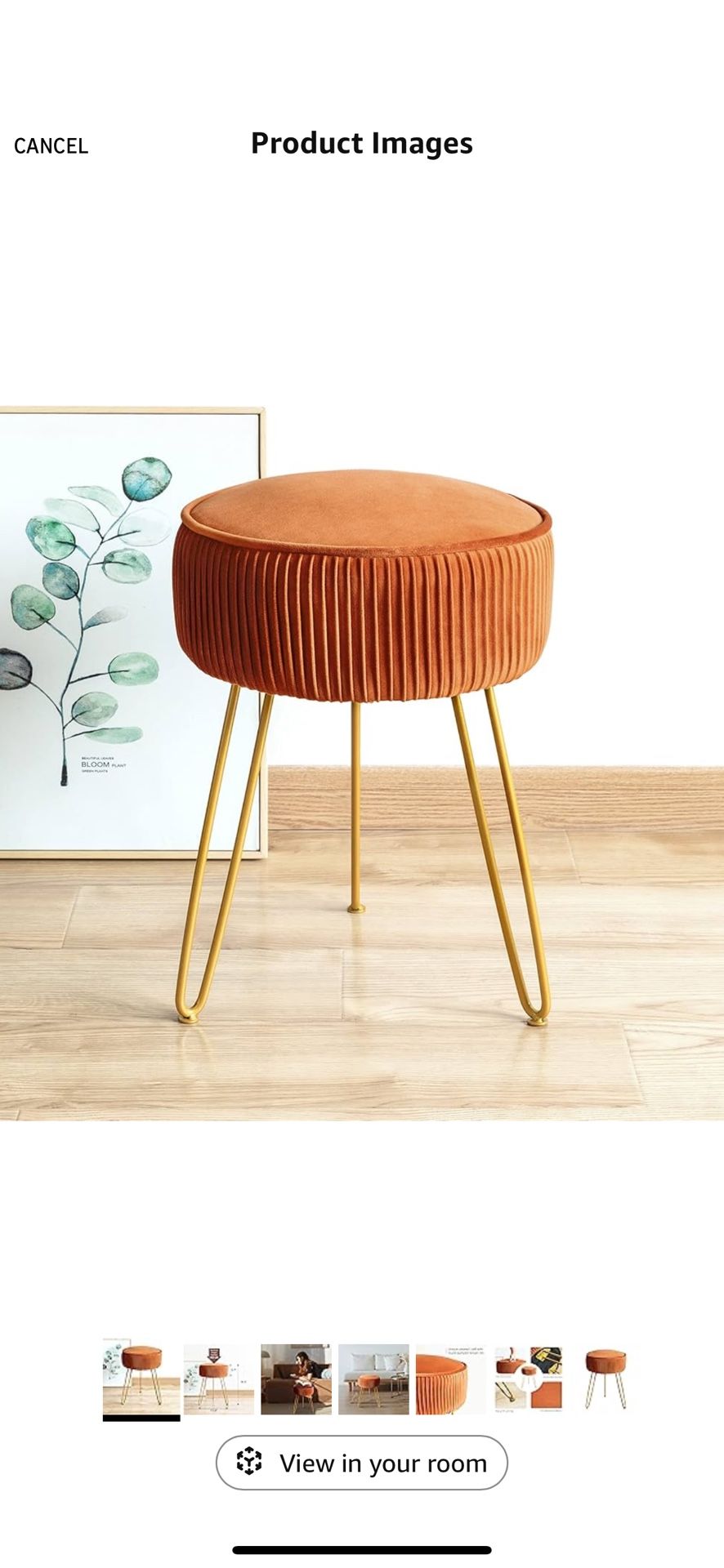 LUE BONA Pleated Vanity Stool, Velvet Upholstered Vanity Stool for Makeup Room, Round Mondern Stool for Vanity, Ottoman Footrest Stool with Metal Legs