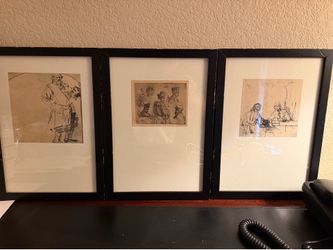 Vintage Rembrandt Collotype/Facsimile Sketch Studies Triptych - 1970s Custom Gallery Framed (Set of 3)