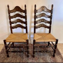 Vintage French Country ladderback side chairs with rush seats