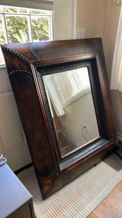 Mirror~ 39” x 48” Brown faux leather w/ metal studs