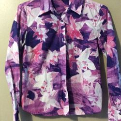 BCBG Nordstrom Cotton Purple Floral Print Button Front Top Shirt Blouse Sz 10